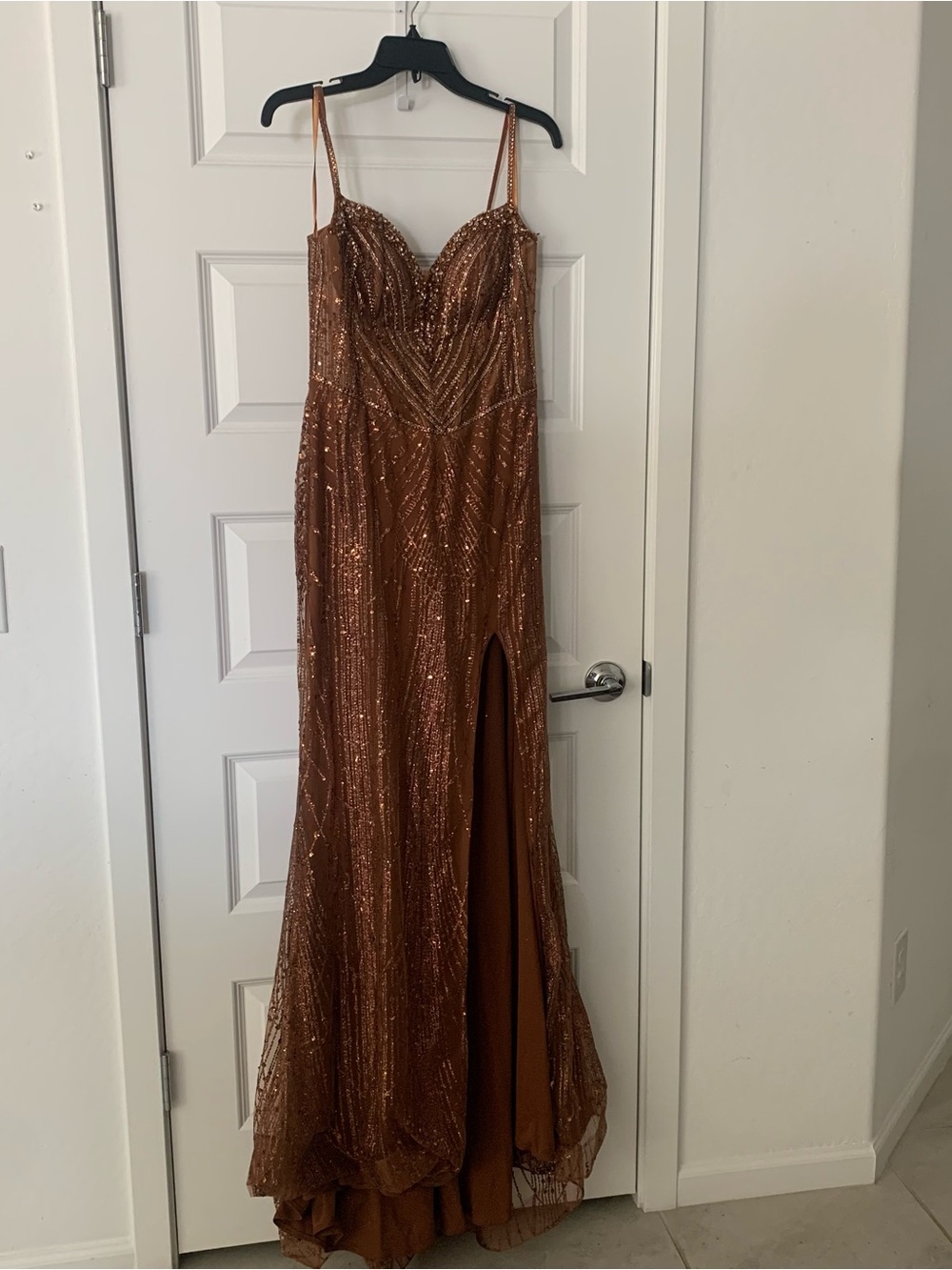 Sequin Strapless-Effect Rust Prom Gown with Thigh Slit